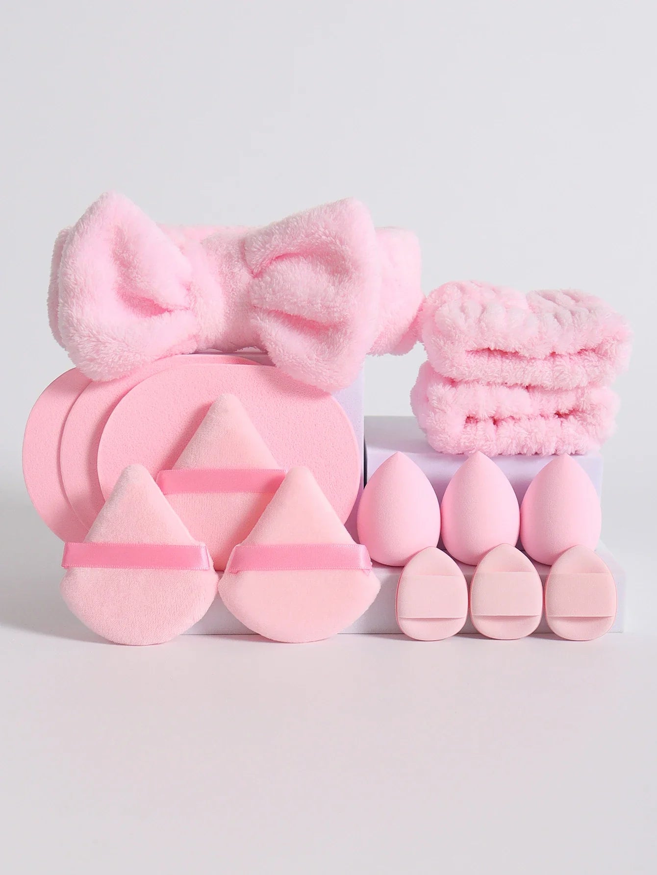 15Pcs Multi-Colored Fluffy Headband and Makeup Sponge Set | Sweet Style Beauty Kit