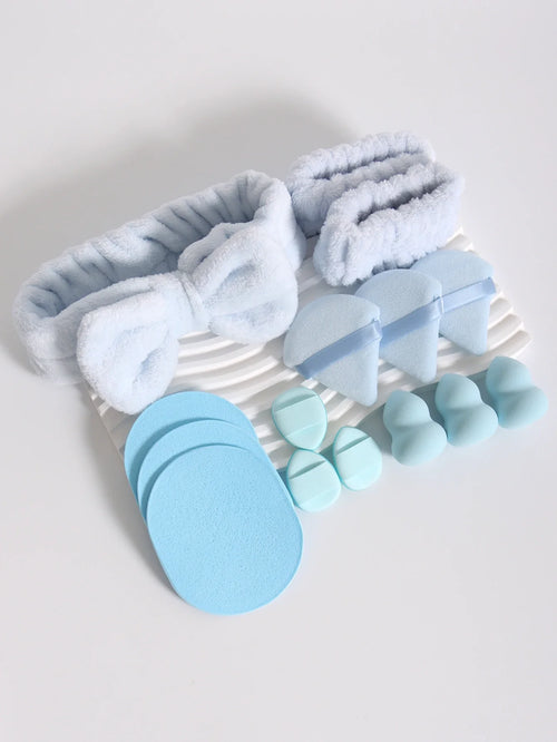 15Pcs Multi-Colored Fluffy Headband and Makeup Sponge Set | Sweet Style Beauty Kit